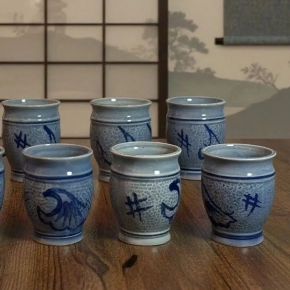 Stoneware Cups Blue Salt Glaze Swirl Tumblers Barware No Markings Wine 3.5